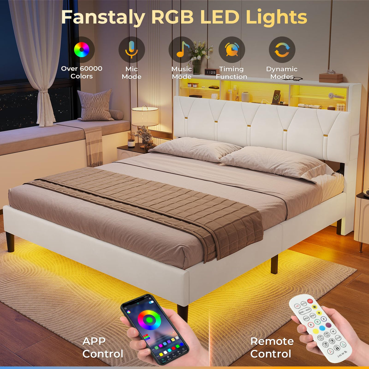 Full Size Bed Frame with Storage Headboard and LED Lights Y584634