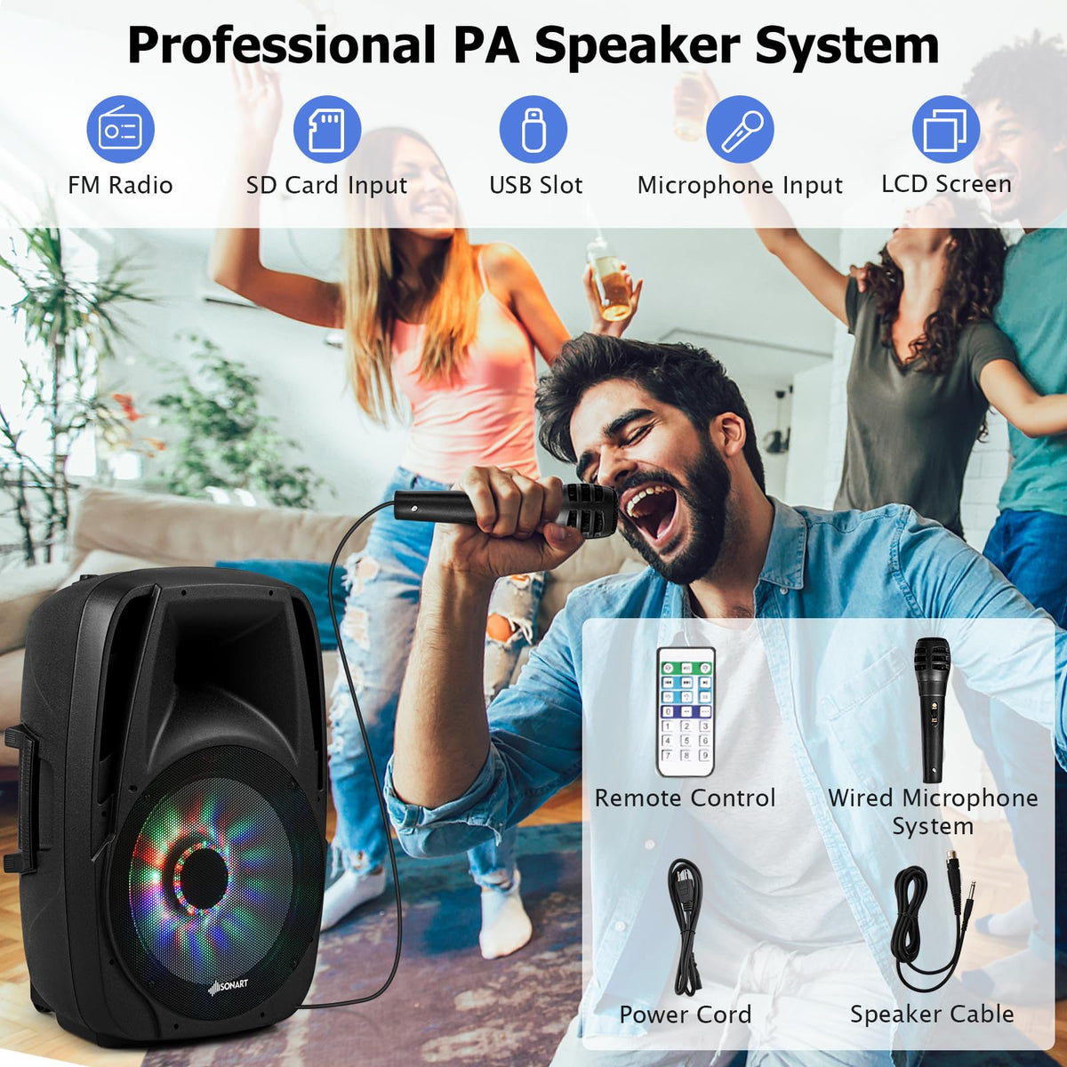 Portable 15" 1500W 2-Way Bluetooth PA Speaker System Set with Stand H15858