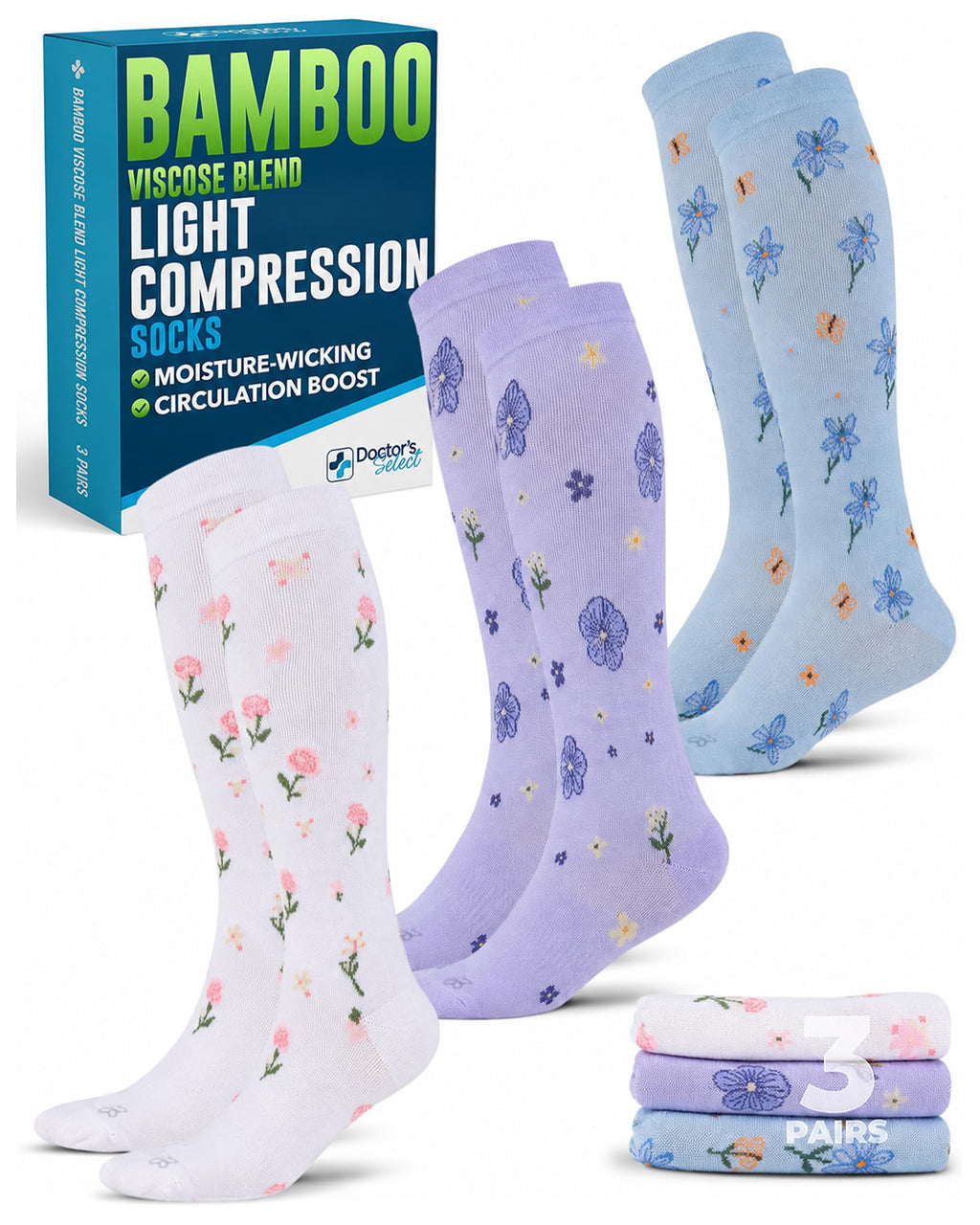 Bamboo Viscose 8-15 mmHg Knee High Compression Socks 3 Pairs W651