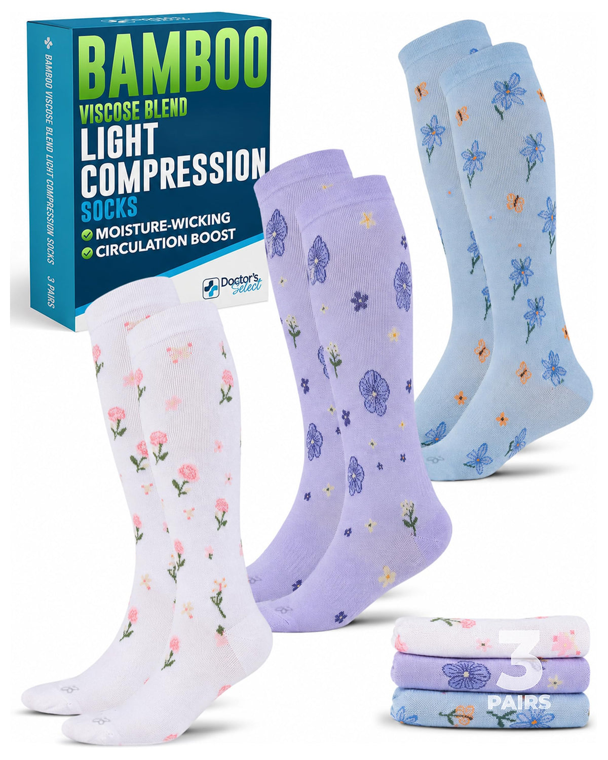 Bamboo Viscose 8-15 mmHg Knee High Compression Socks 3 Pairs W651