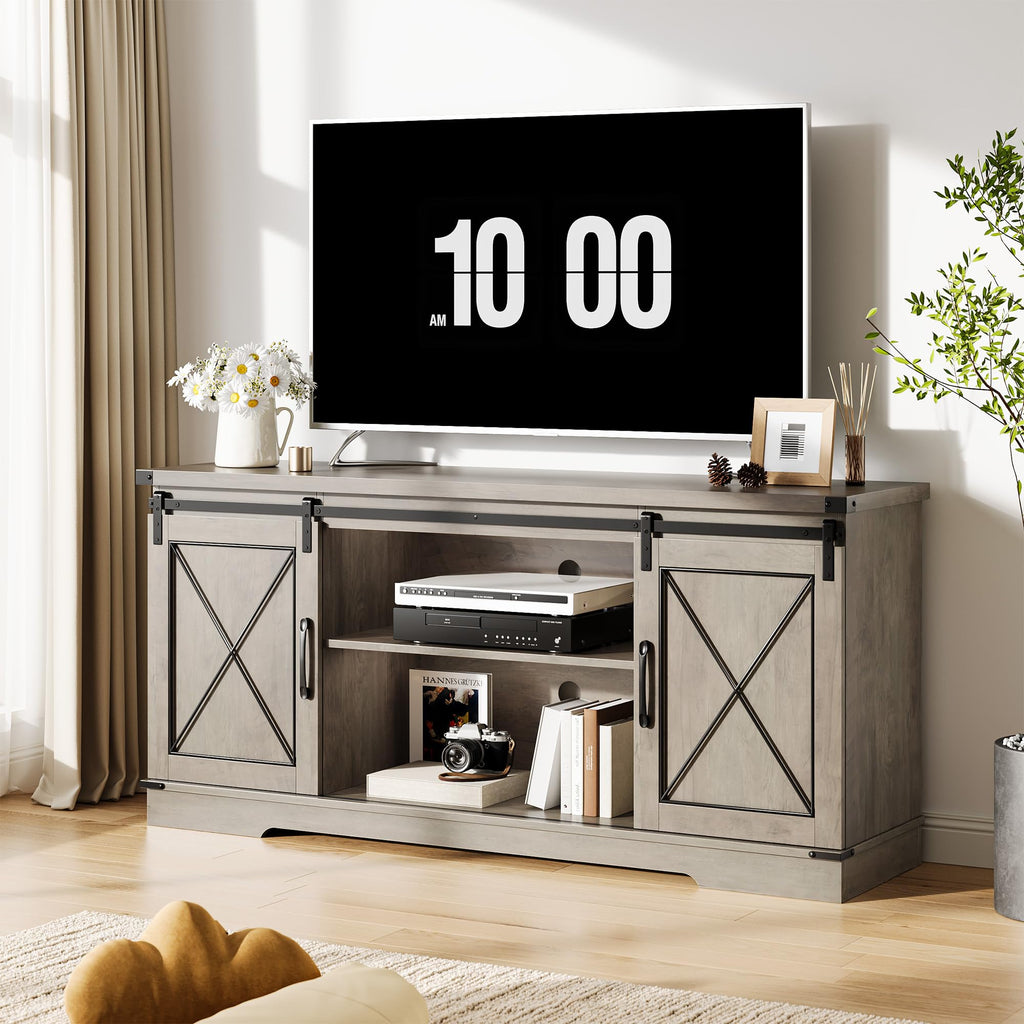 Farmhouse TV Stand 65+ inch with Sliding Barn Doors and Storage Cabinets A20207