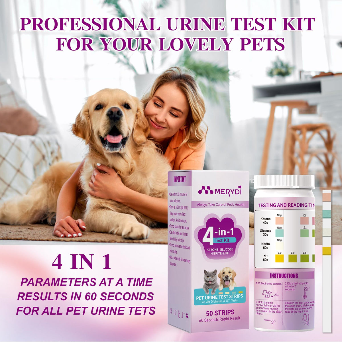 Dog & Cat Urine Test Strips, 4-in-1 Pet Urinalysis Testing Kit K3548
