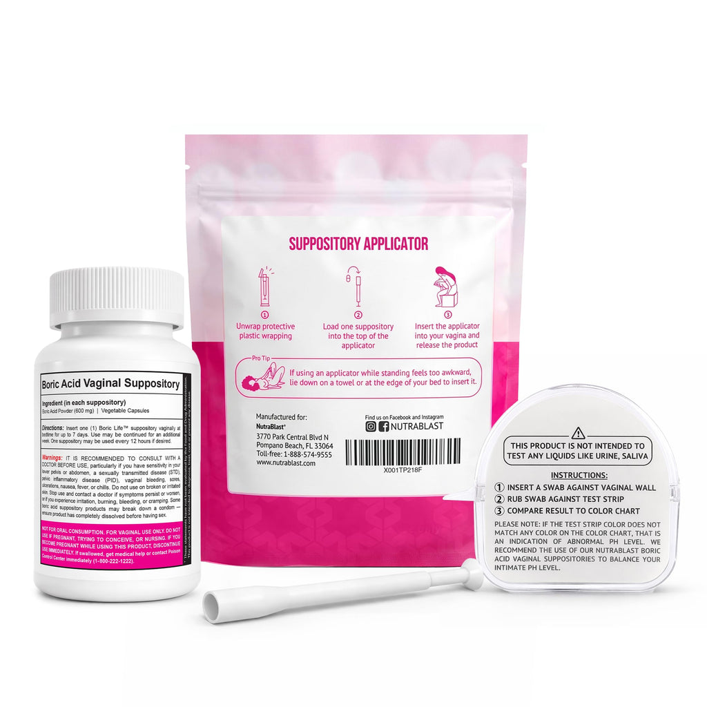 Boric Acid Suppositories 600mg 30 Count with Applicators and pH Test Strips V871935