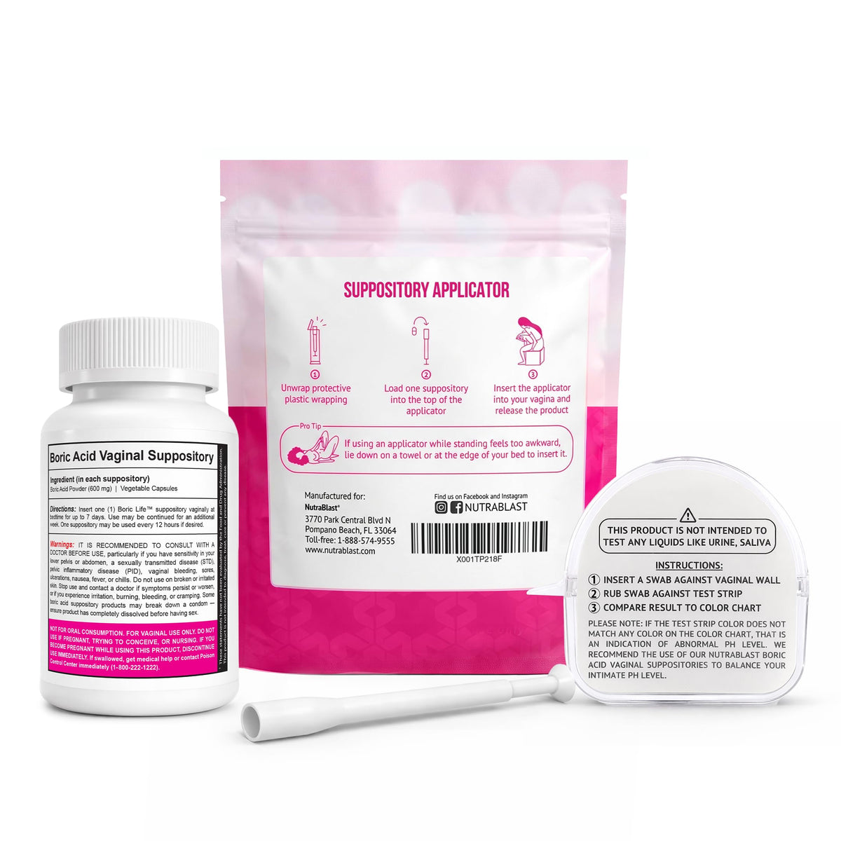 Boric Acid Suppositories 600mg 30 Count with Applicators and pH Test Strips V871935