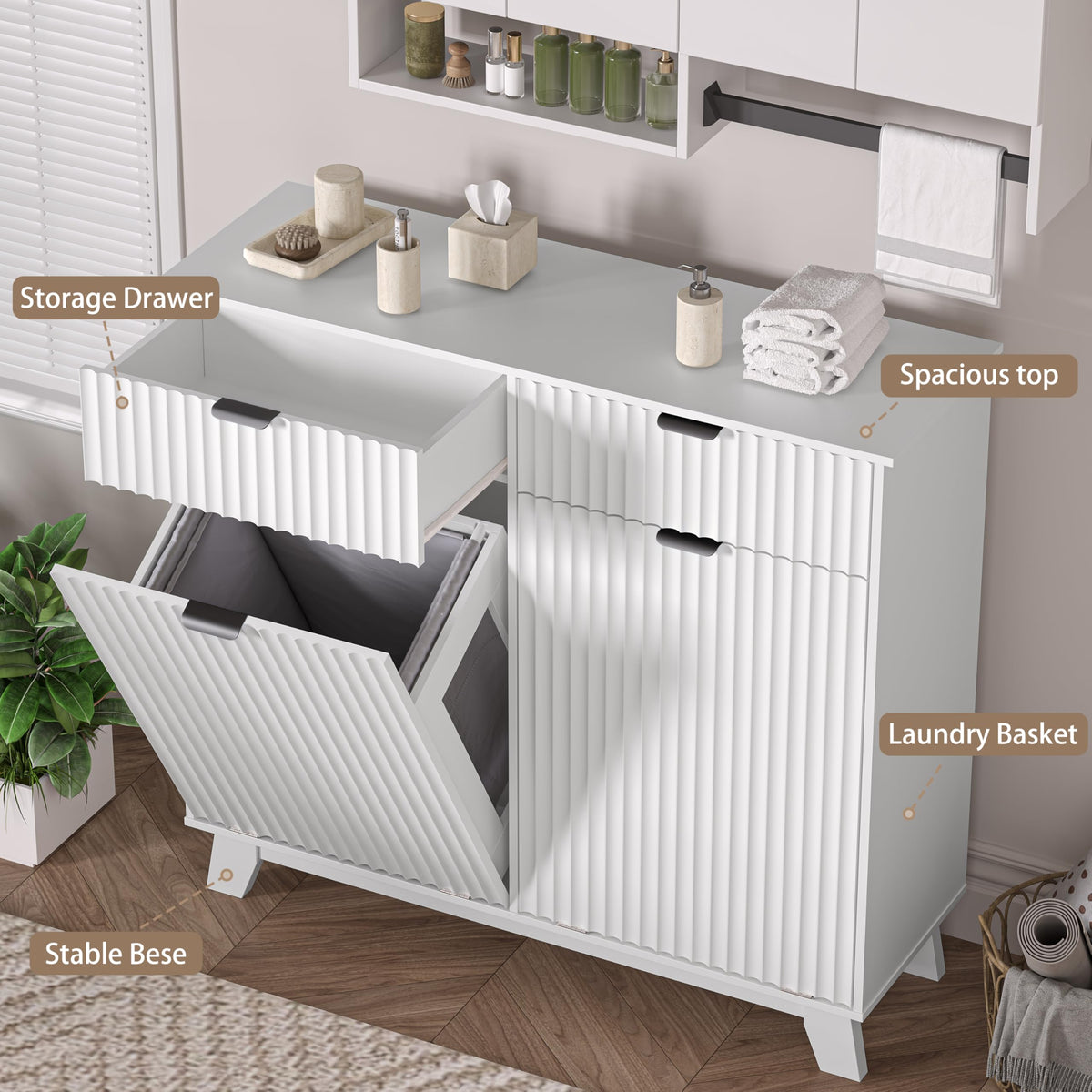 White 20 Gallon Double Tilt Out Laundry Hamper Cabinet with 2 Drawers T92510