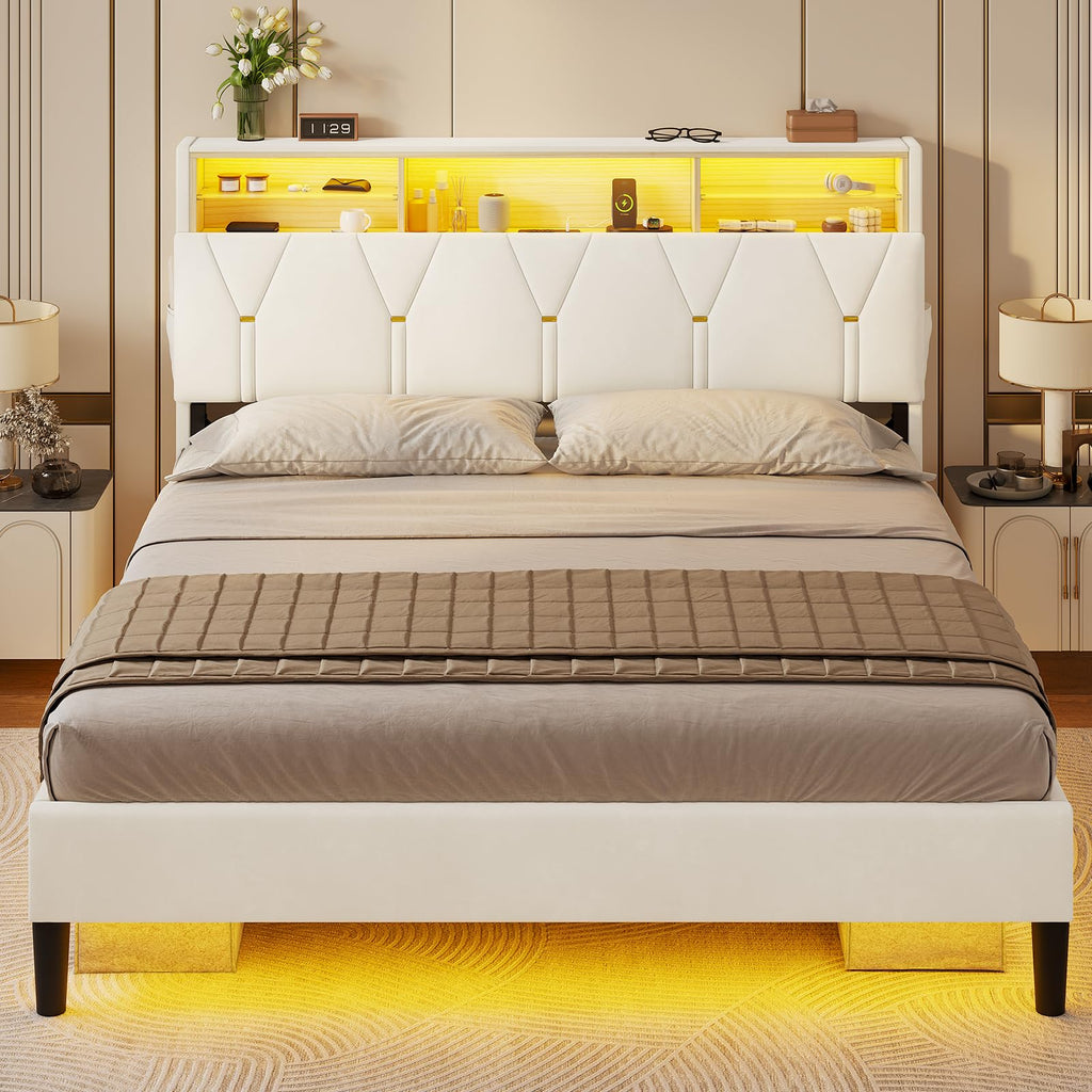 Full Size Bed Frame with Storage Headboard and LED Lights Y584634