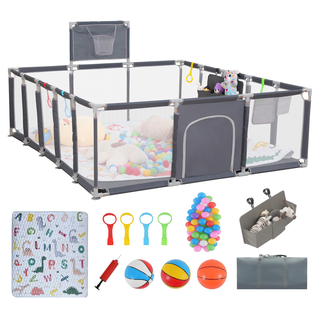Baby Playpen with Mat, Ocean Balls, Hanging Pocket, Basketball Hoop D375