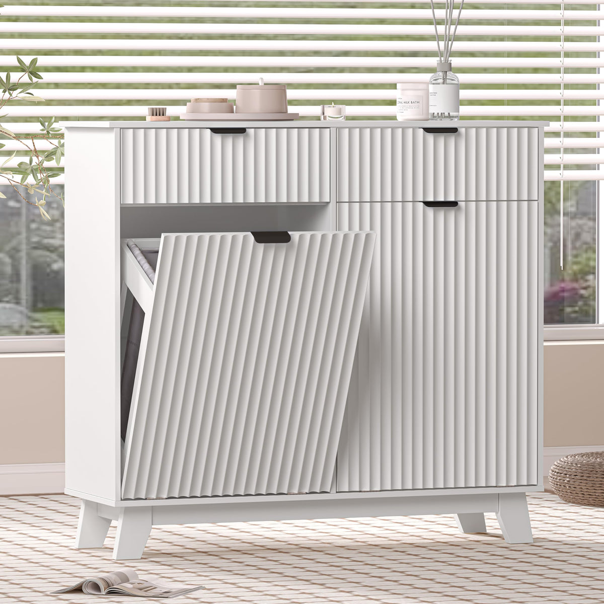 White 20 Gallon Double Tilt Out Laundry Hamper Cabinet with 2 Drawers T92510