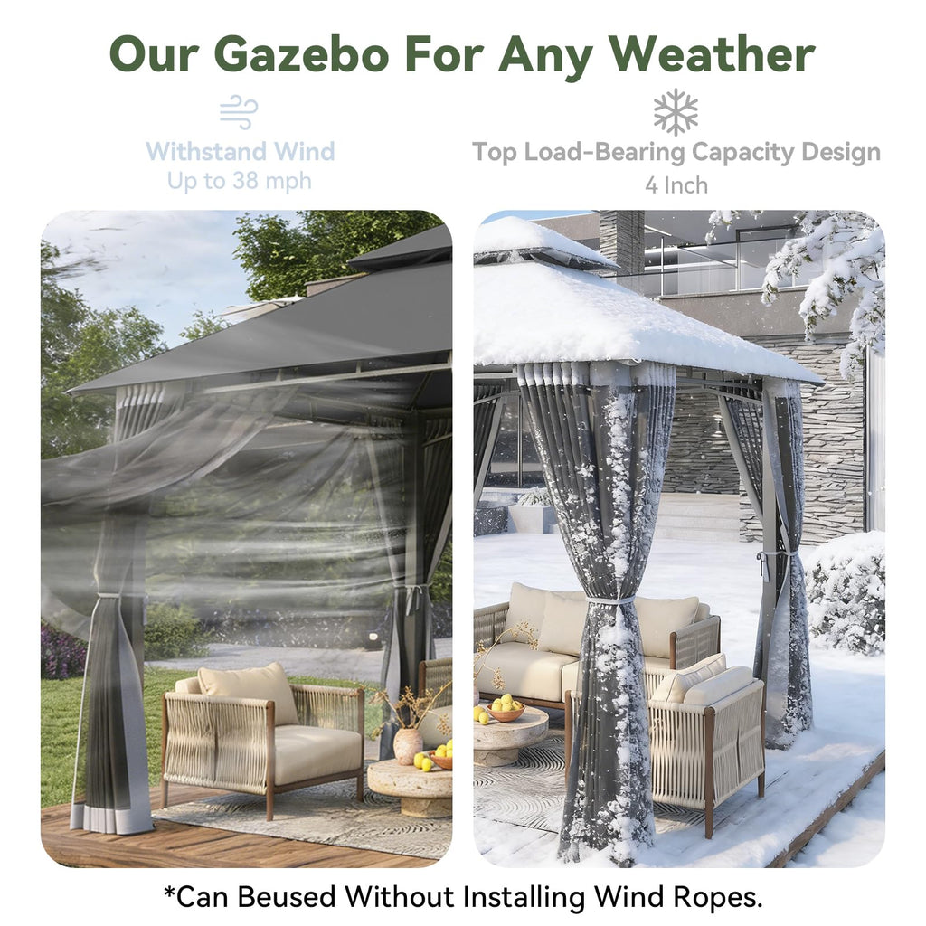 8'x8' Gray Gazebo with Double Roof & Mosquito Netting L813883