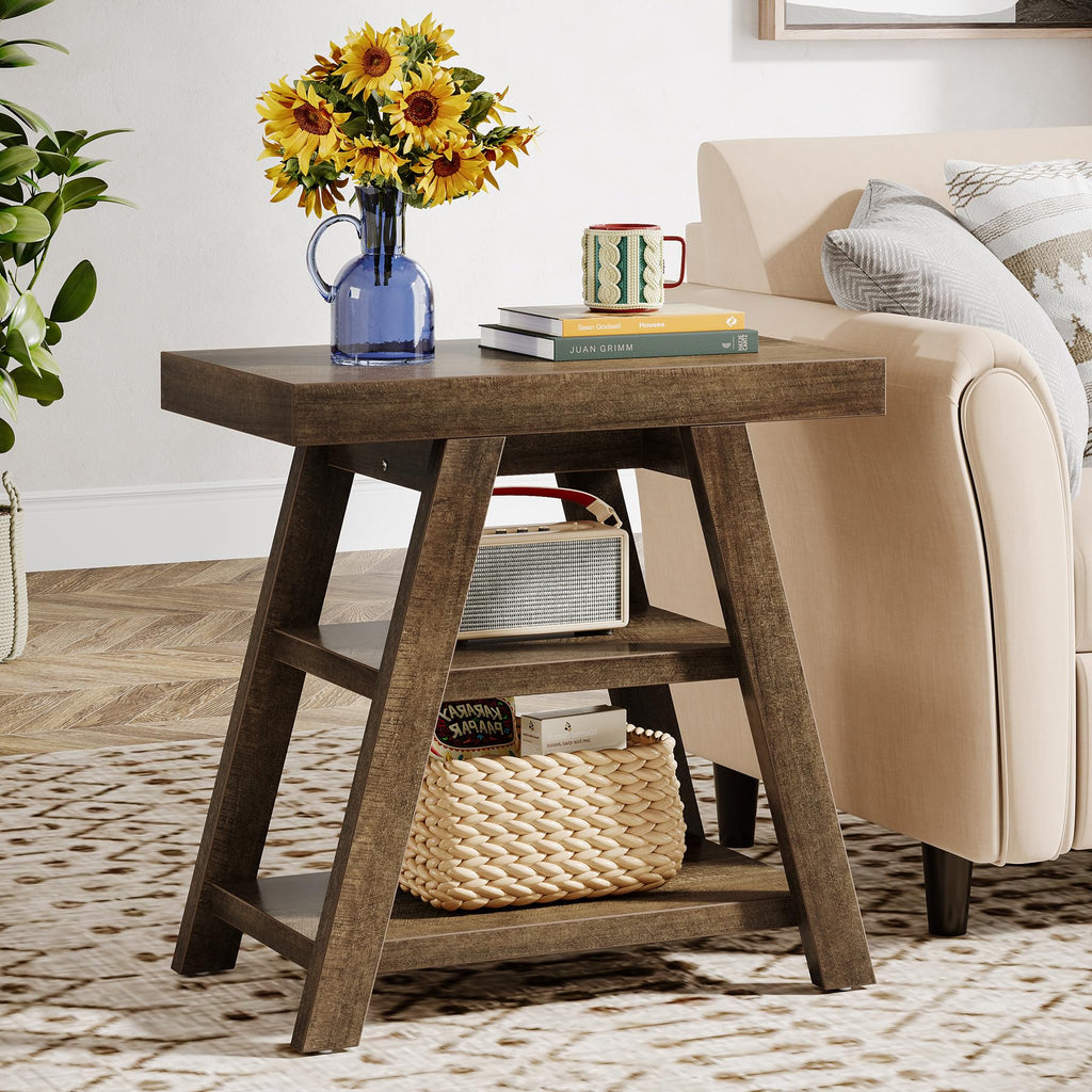 3-Tier Wooden Sofa Side Table with Trapezoid Legs B399