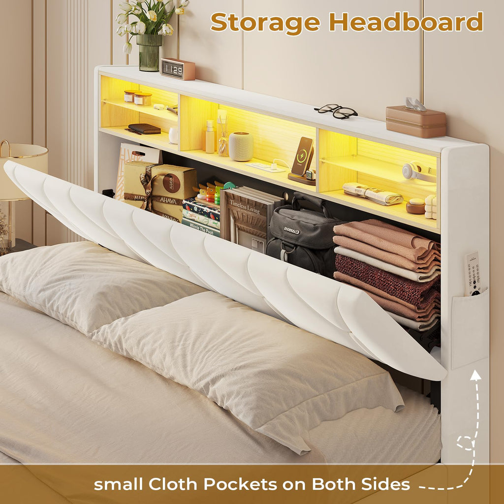 Full Size Bed Frame with Storage Headboard and LED Lights Y584634