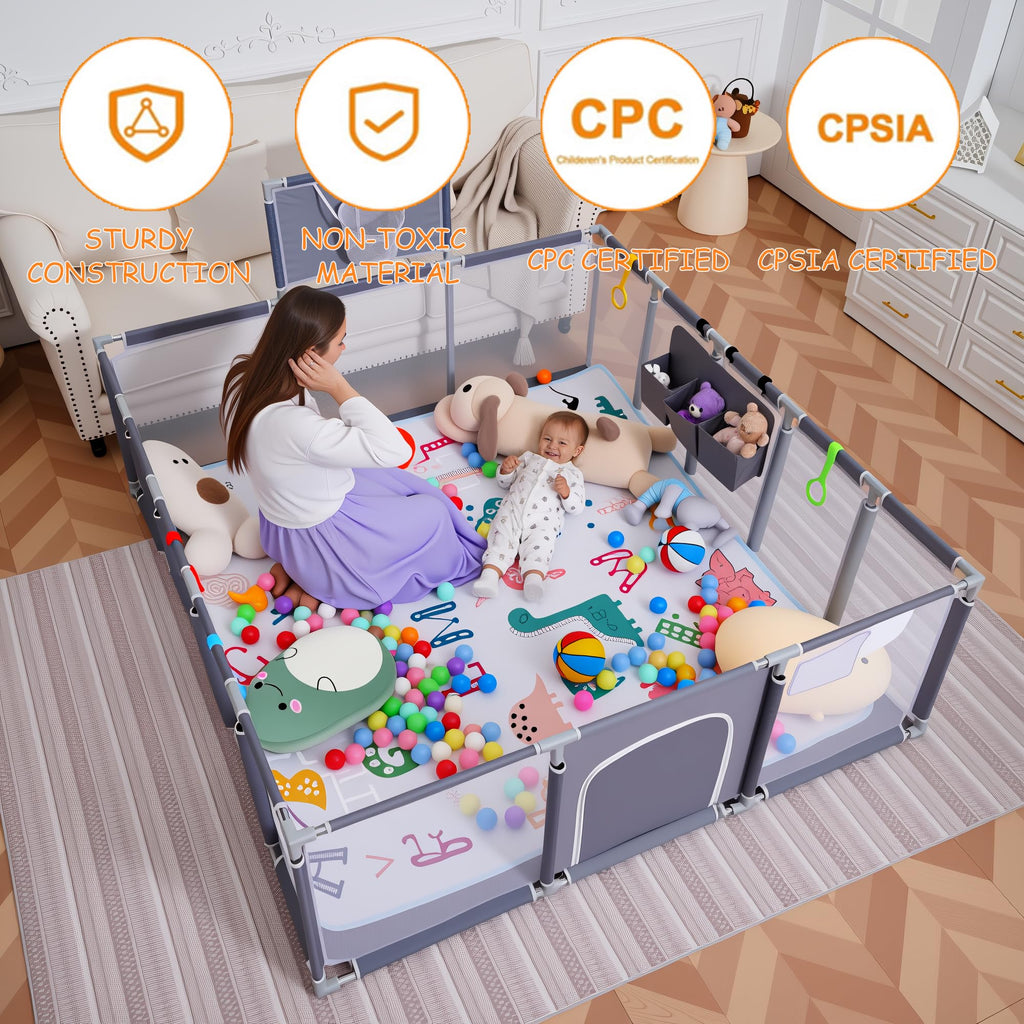 Baby Playpen with Mat, Ocean Balls, Hanging Pocket, Basketball Hoop D375