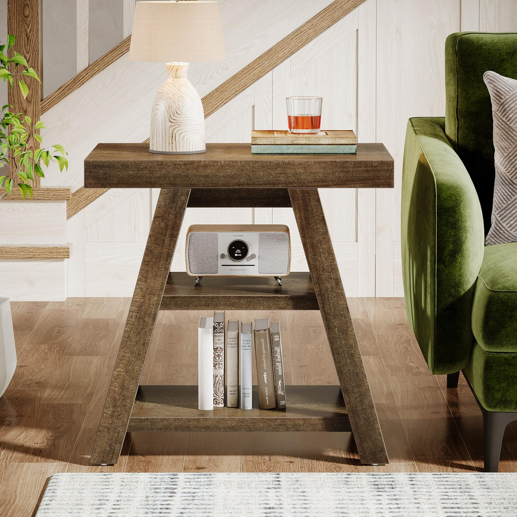 3-Tier Wooden Sofa Side Table with Trapezoid Legs B399