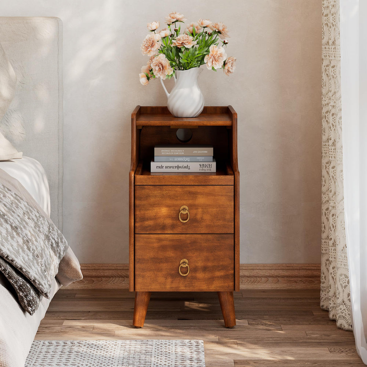 Solid Wood Narrow Nightstand with 2 Drawers A98673