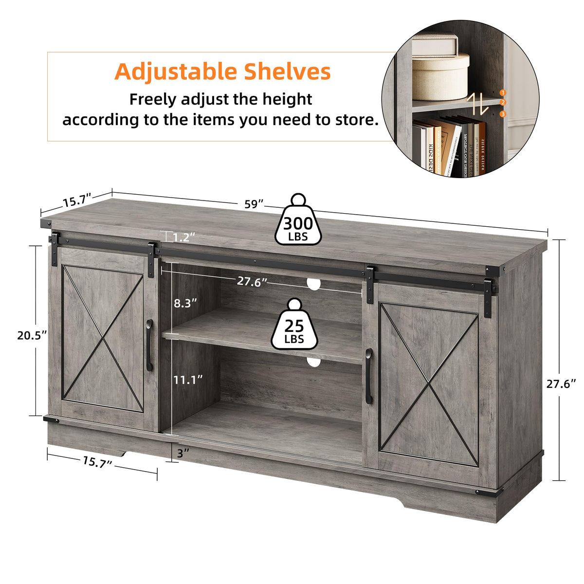 Farmhouse TV Stand 65+ inch with Sliding Barn Doors and Storage Cabinets A20207