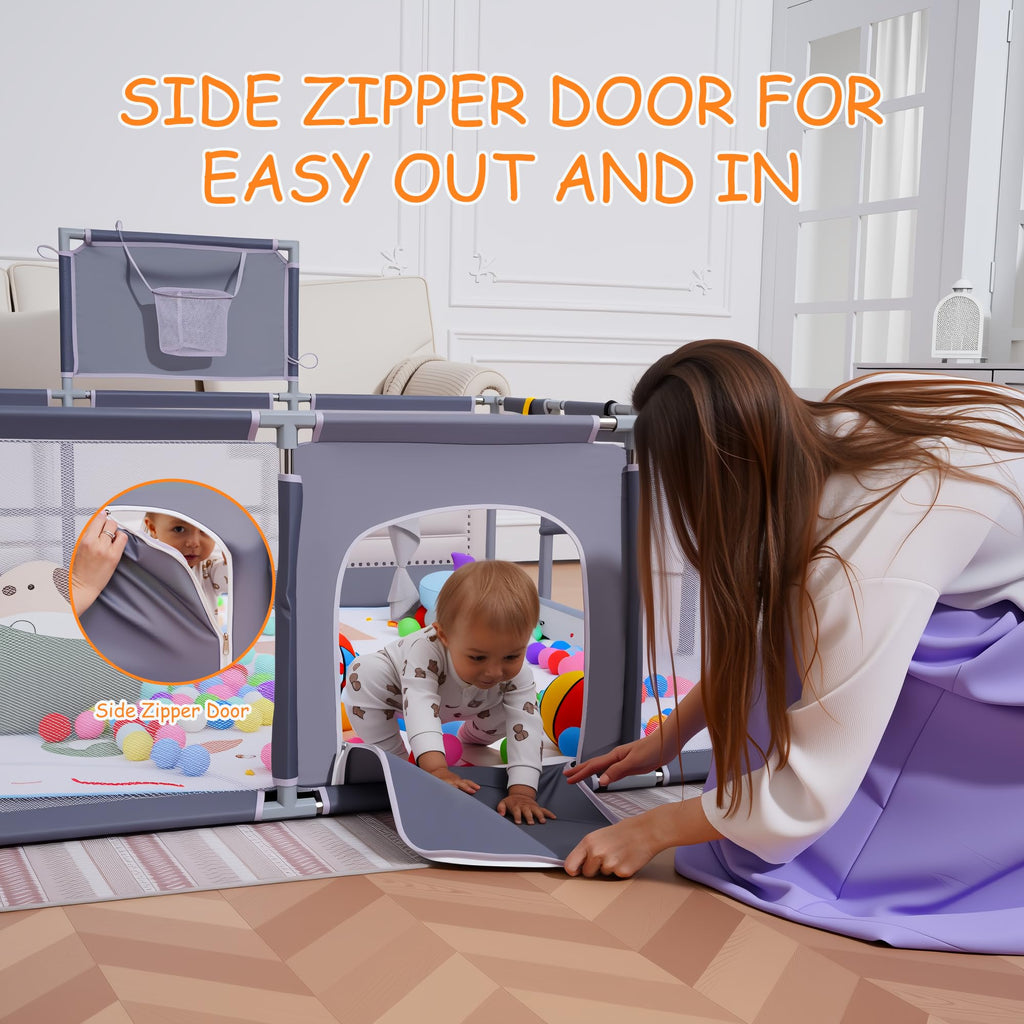 Baby Playpen with Mat, Ocean Balls, Hanging Pocket, Basketball Hoop D375