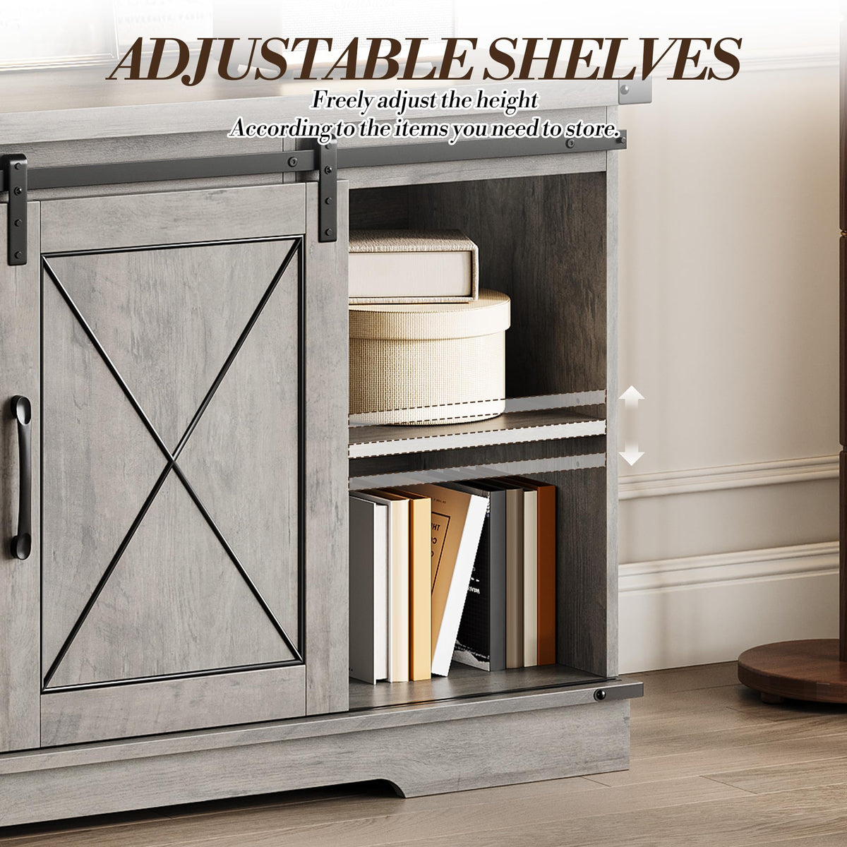 Farmhouse TV Stand 65+ inch with Sliding Barn Doors and Storage Cabinets A20207