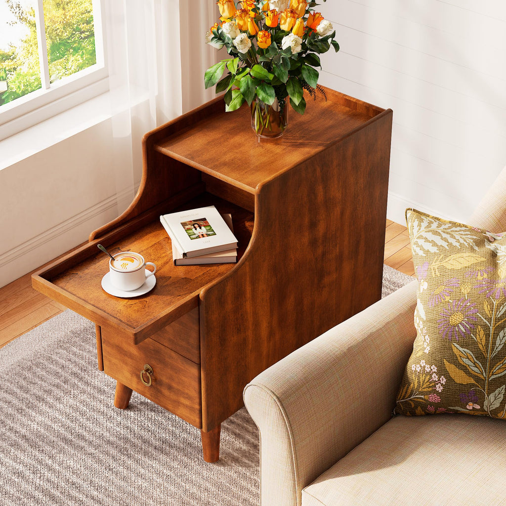 Solid Wood Narrow Nightstand with 2 Drawers A98673
