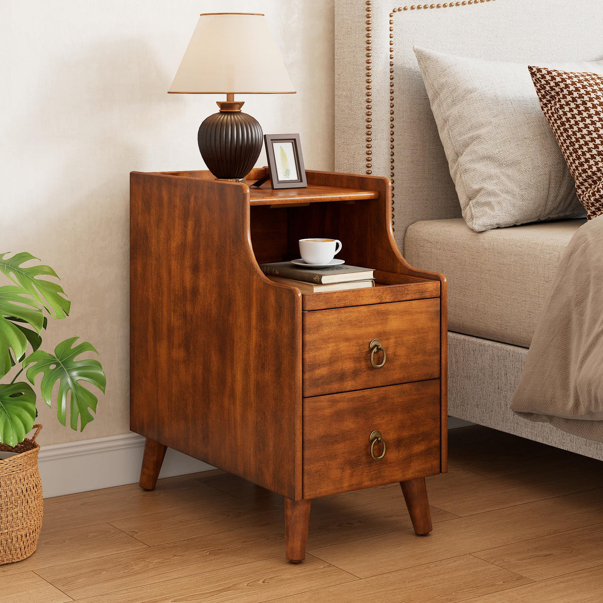 Solid Wood Narrow Nightstand with 2 Drawers A98673