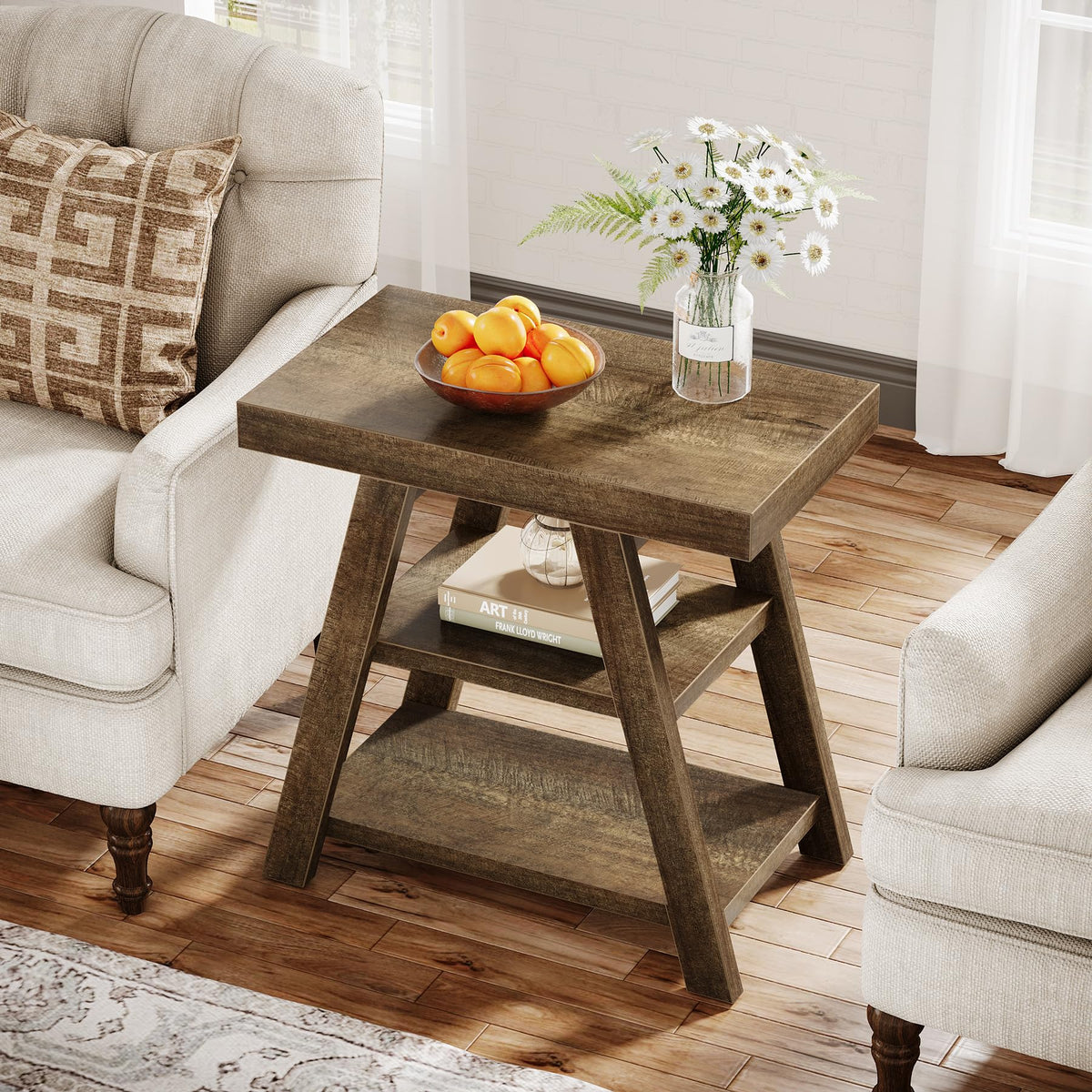 3-Tier Wooden Sofa Side Table with Trapezoid Legs B399