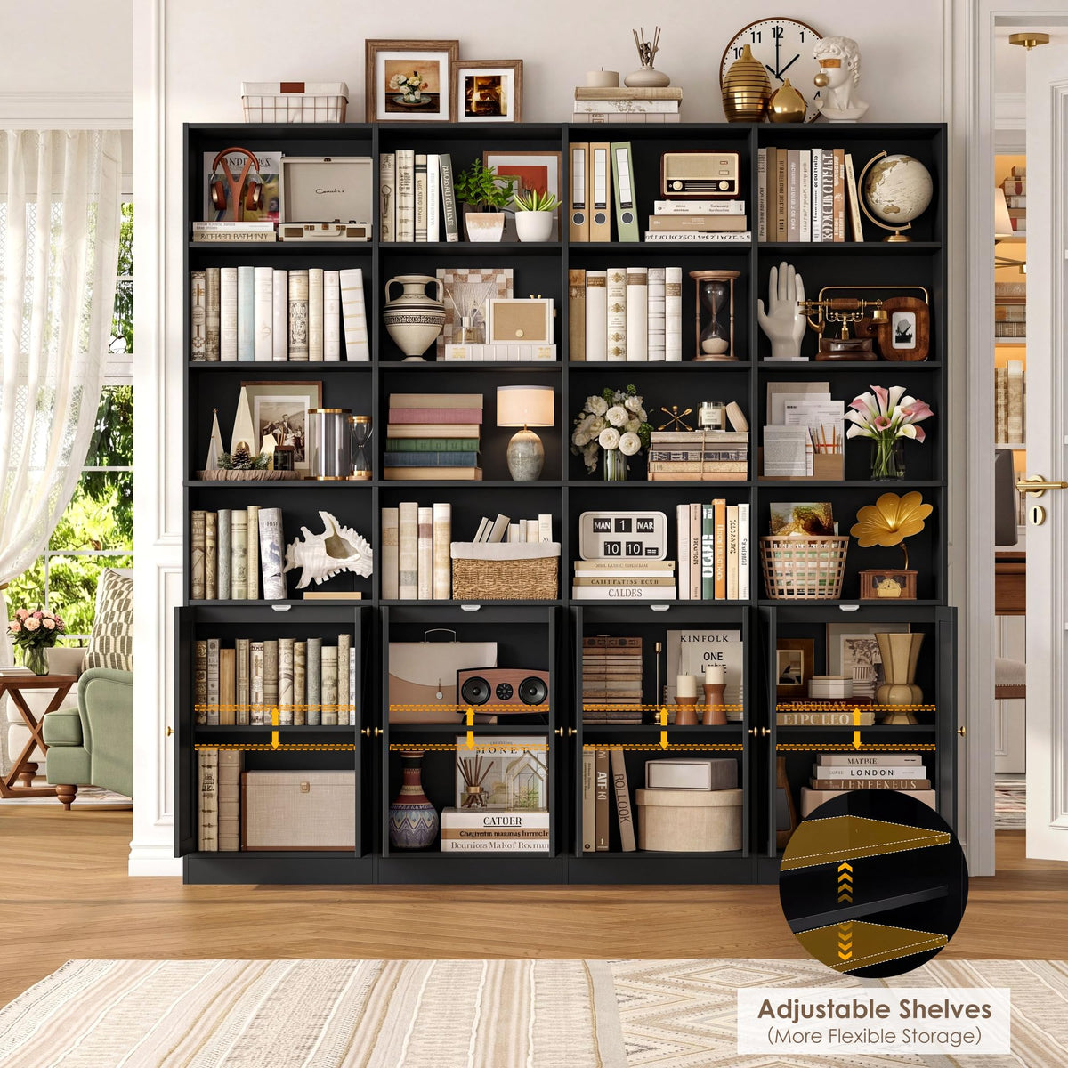 72.8" Black Bookshelf with 8 Doors W6934