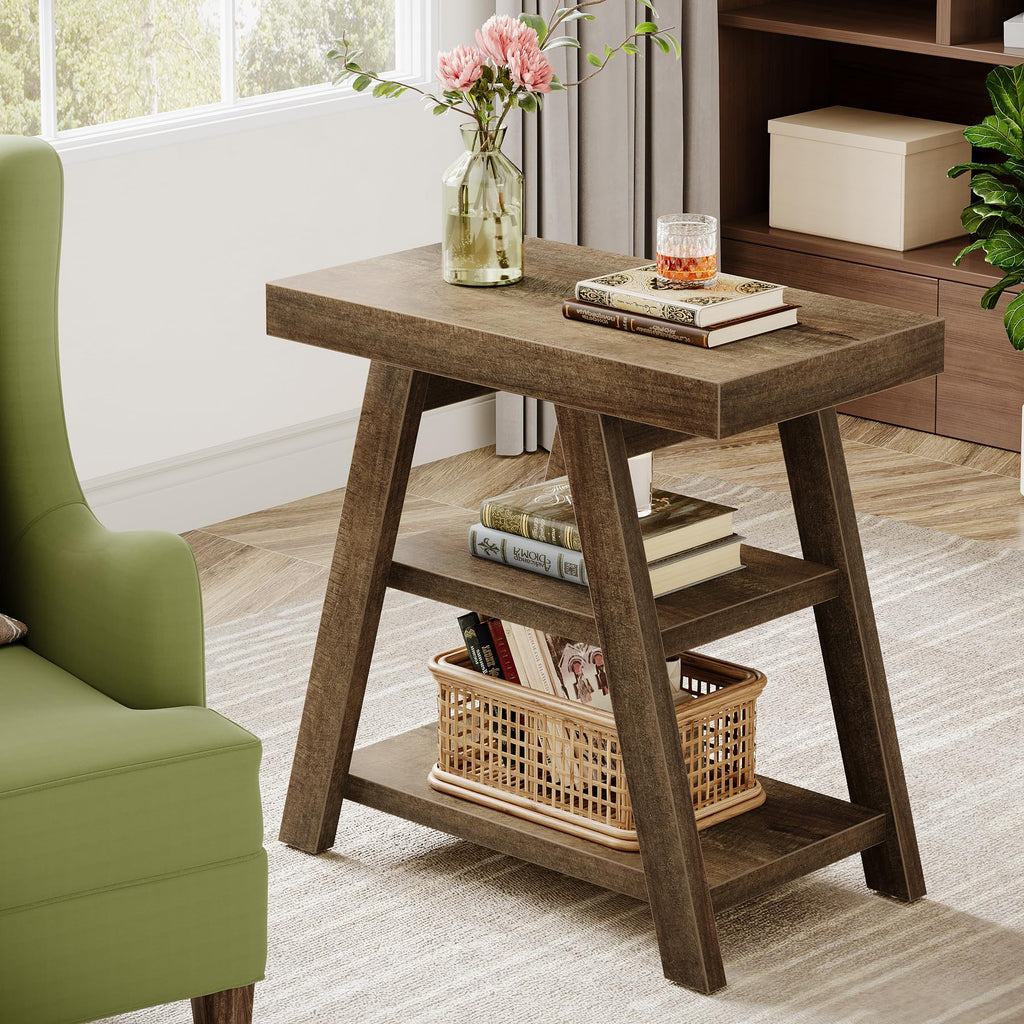 3-Tier Wooden Sofa Side Table with Trapezoid Legs B399