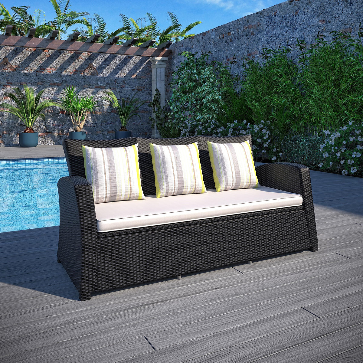 Light Grey Cushions Wicker 1-Piece Patio Sofa N26584